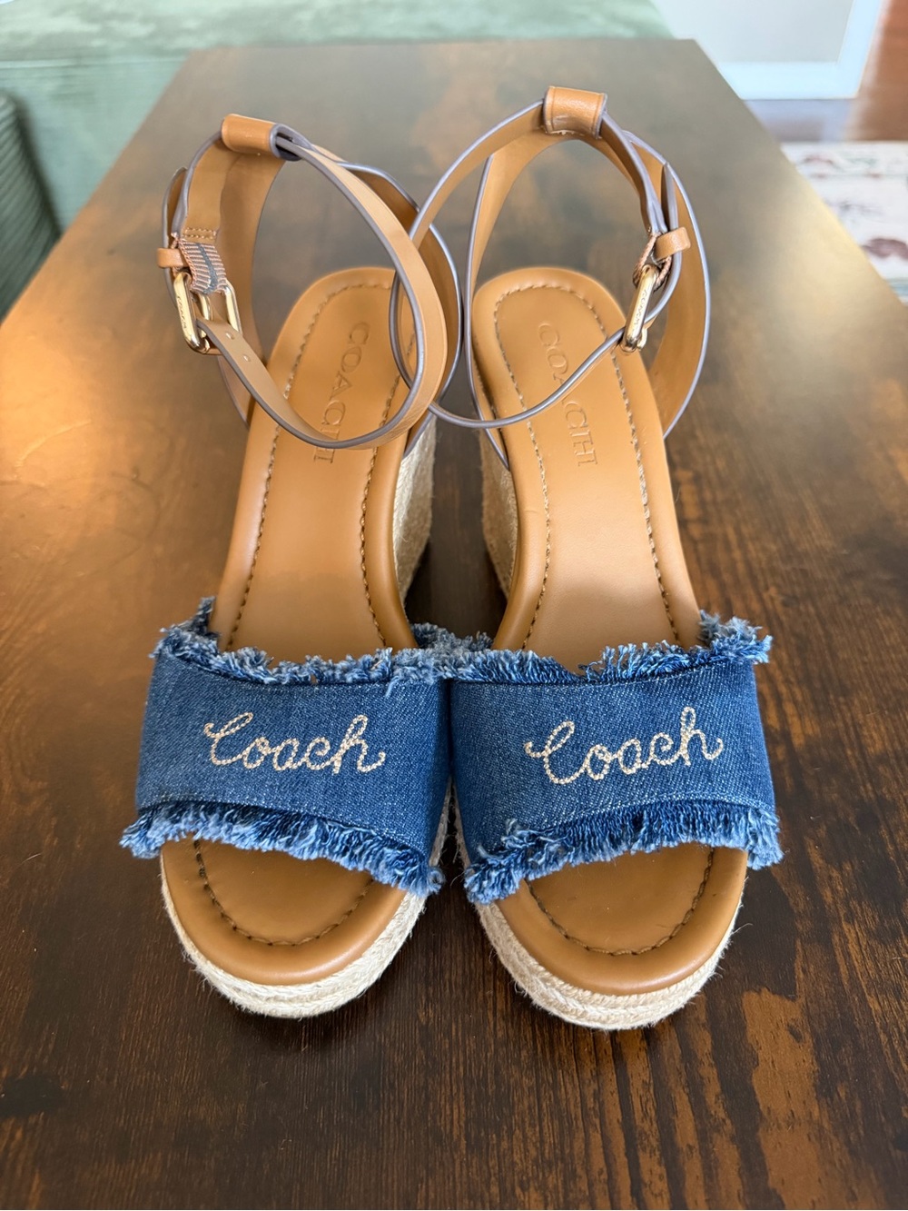 Coach Blue Denim Frayed Espadrille Wedges with Tan Ankle Straps
